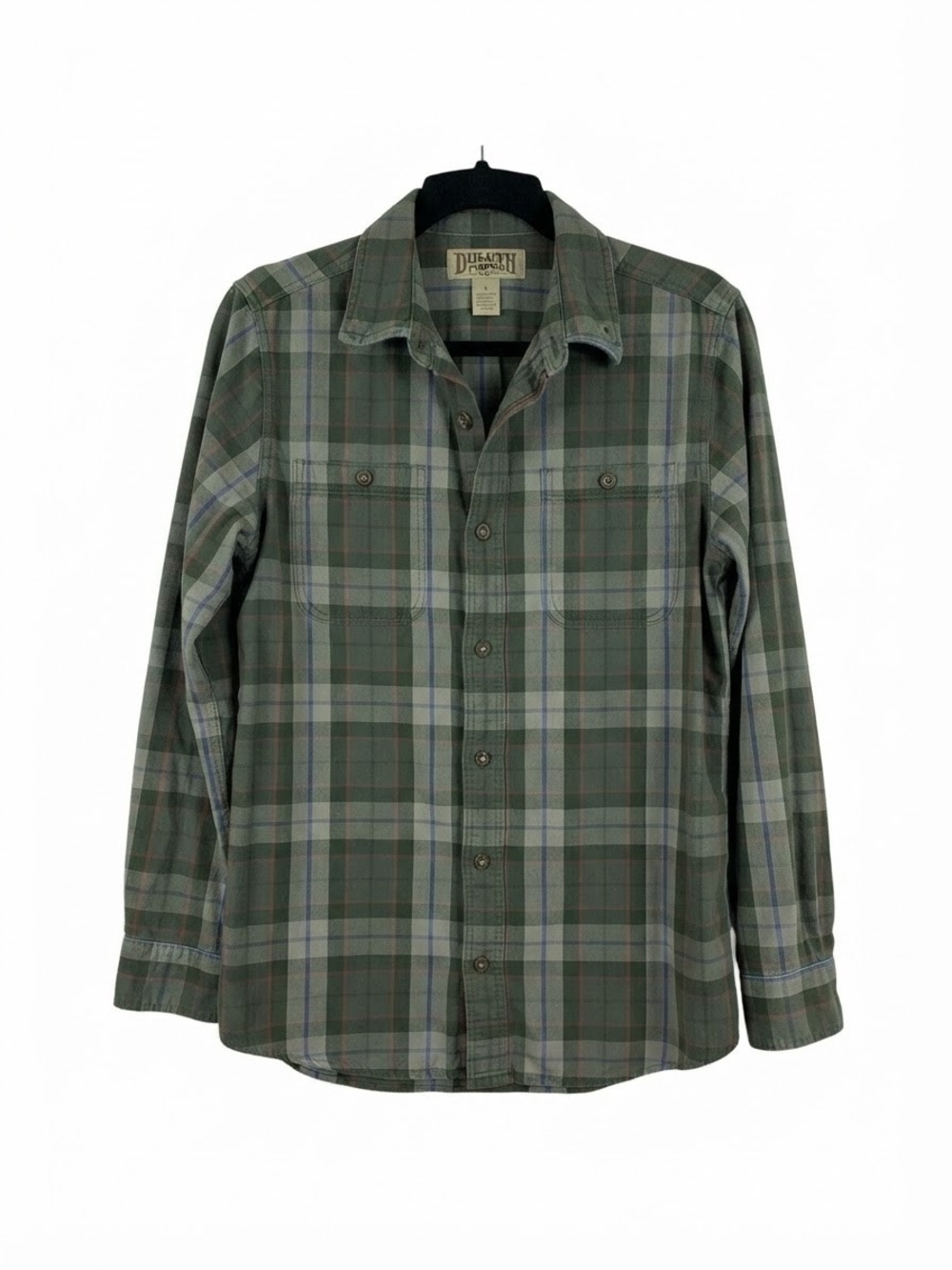 Duluth Trading Co Olive and Gray Plaid Button-Up Shirt Medium Trim Fit